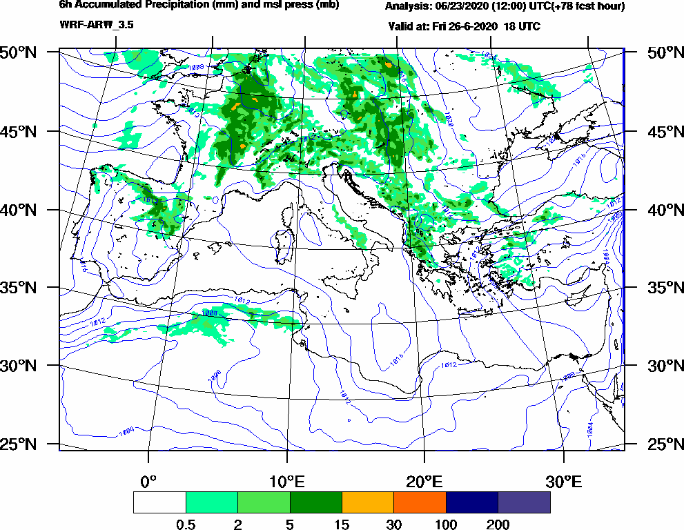 6h Accumulated Precipitation (mm) and msl press (mb) - 2020-06-26 12:00