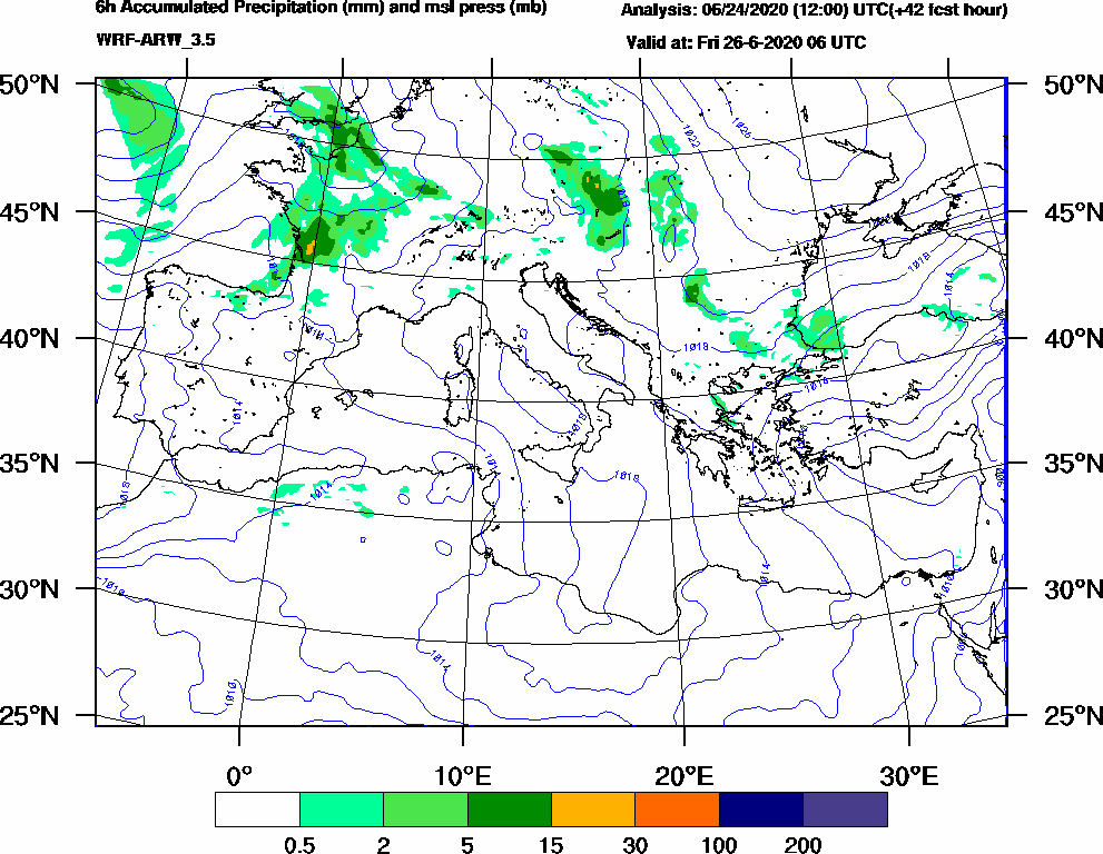 6h Accumulated Precipitation (mm) and msl press (mb) - 2020-06-26 00:00