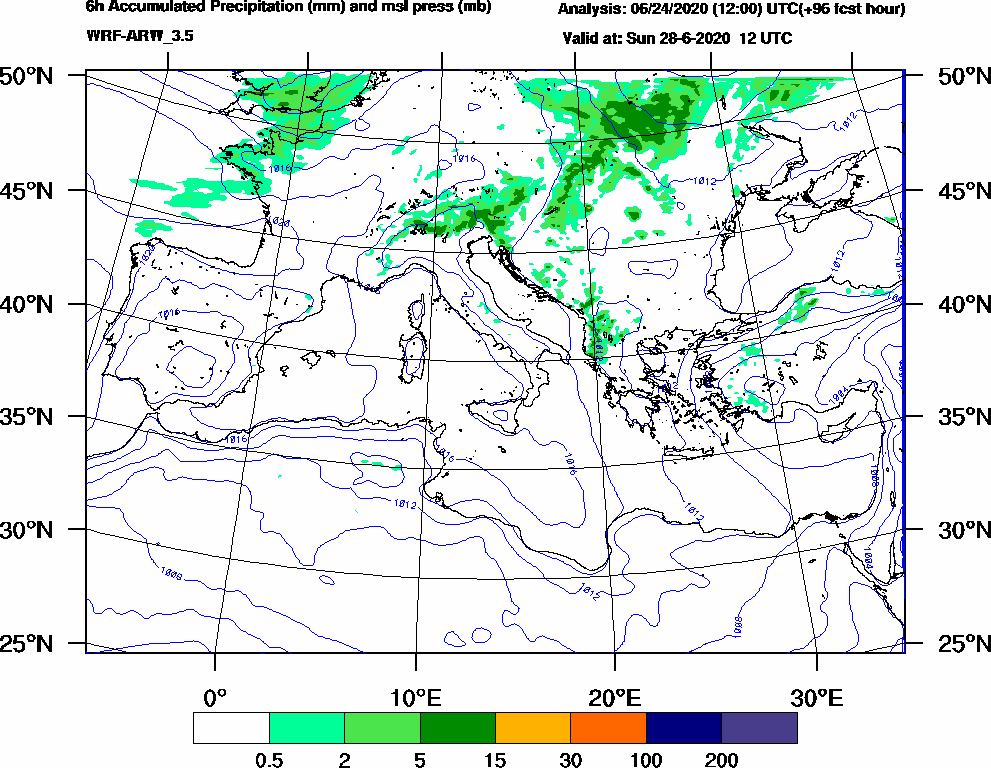 6h Accumulated Precipitation (mm) and msl press (mb) - 2020-06-28 06:00