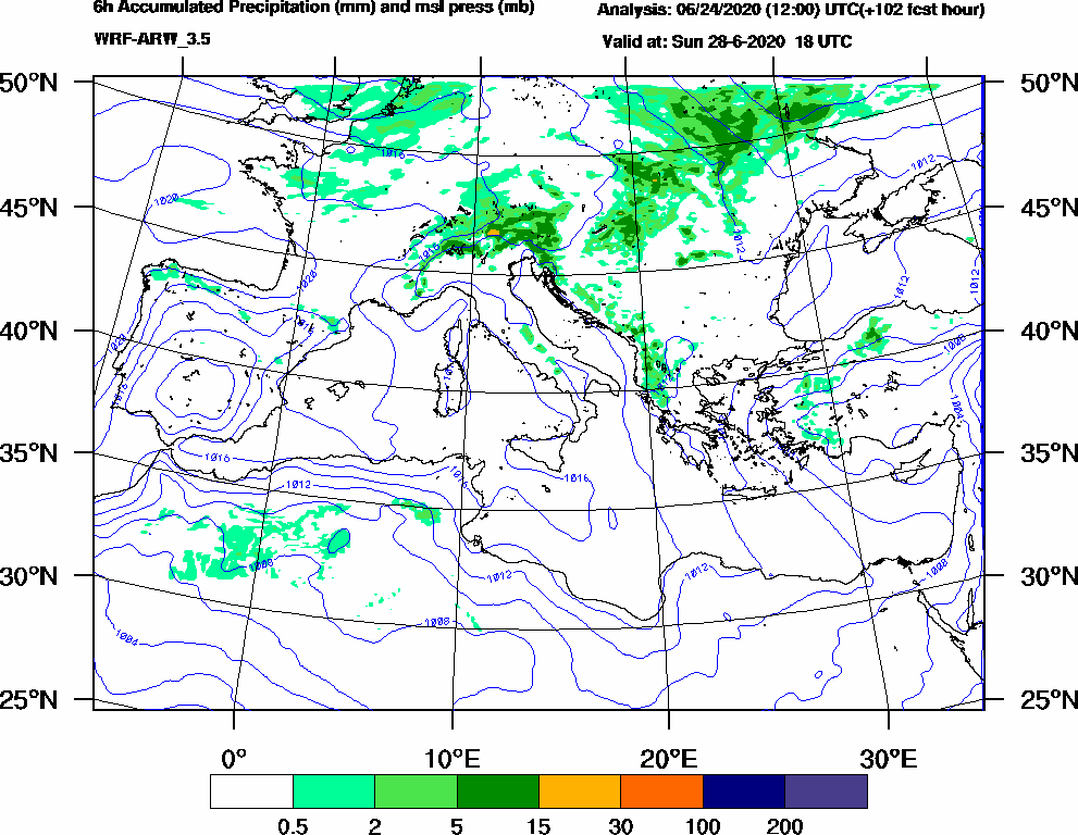 6h Accumulated Precipitation (mm) and msl press (mb) - 2020-06-28 12:00