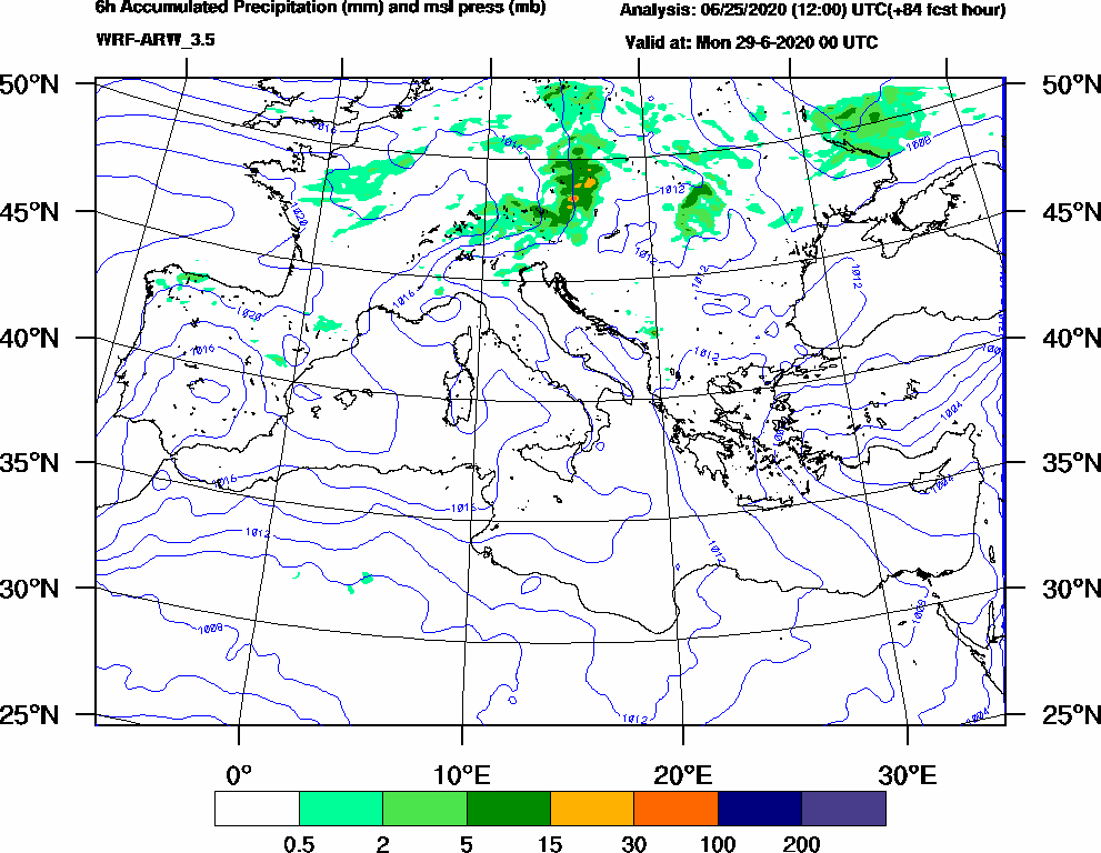 6h Accumulated Precipitation (mm) and msl press (mb) - 2020-06-28 18:00