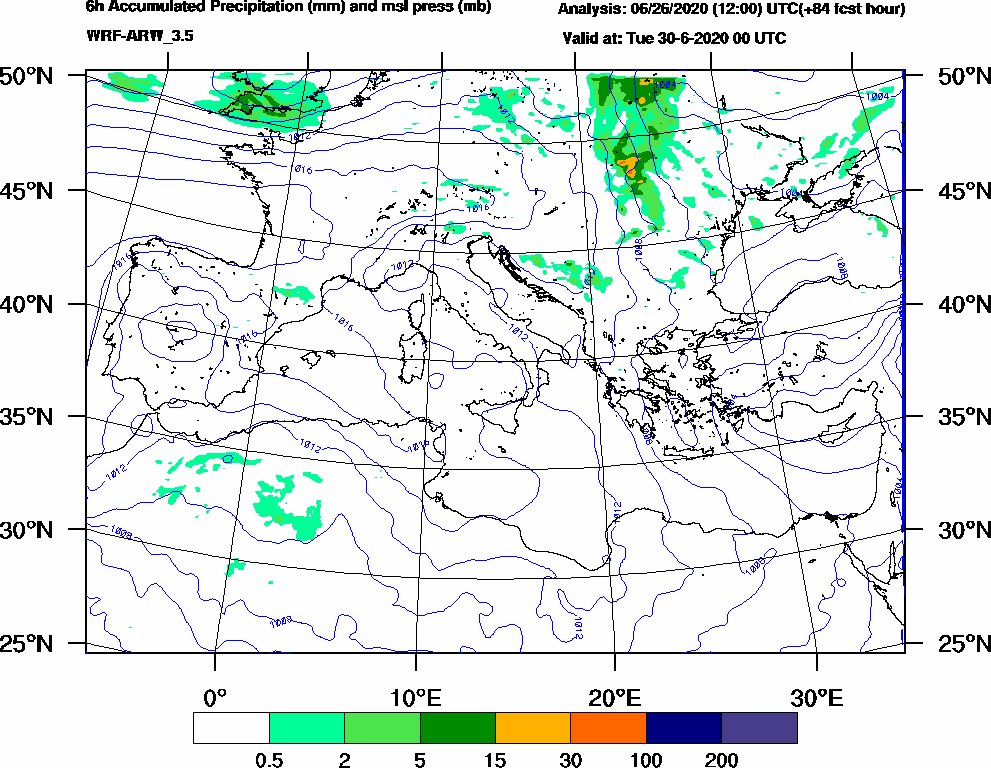 6h Accumulated Precipitation (mm) and msl press (mb) - 2020-06-29 18:00