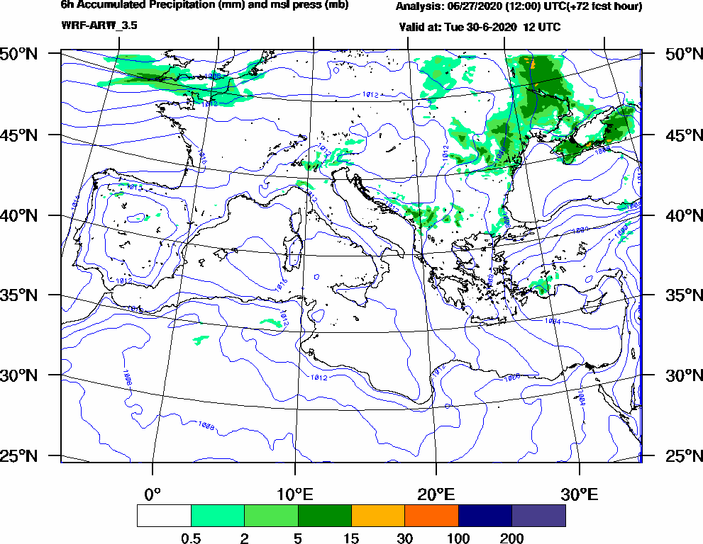6h Accumulated Precipitation (mm) and msl press (mb) - 2020-06-30 06:00