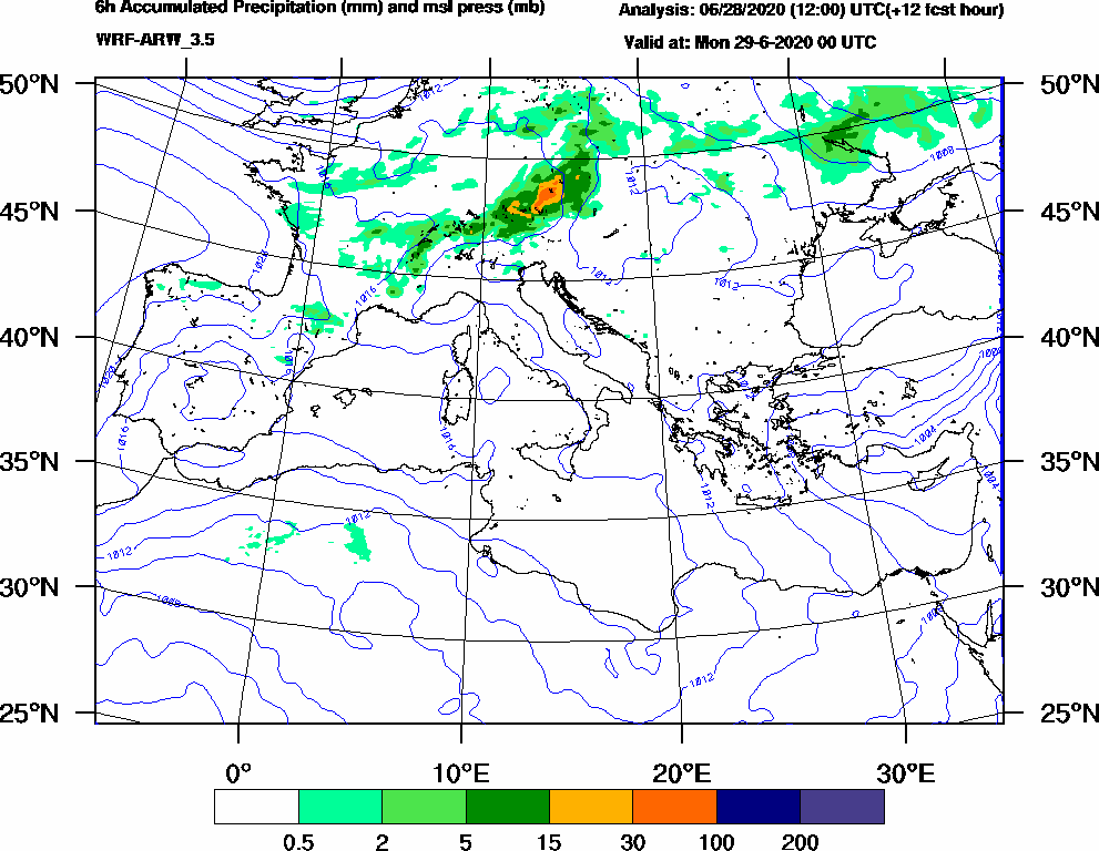 6h Accumulated Precipitation (mm) and msl press (mb) - 2020-06-28 18:00
