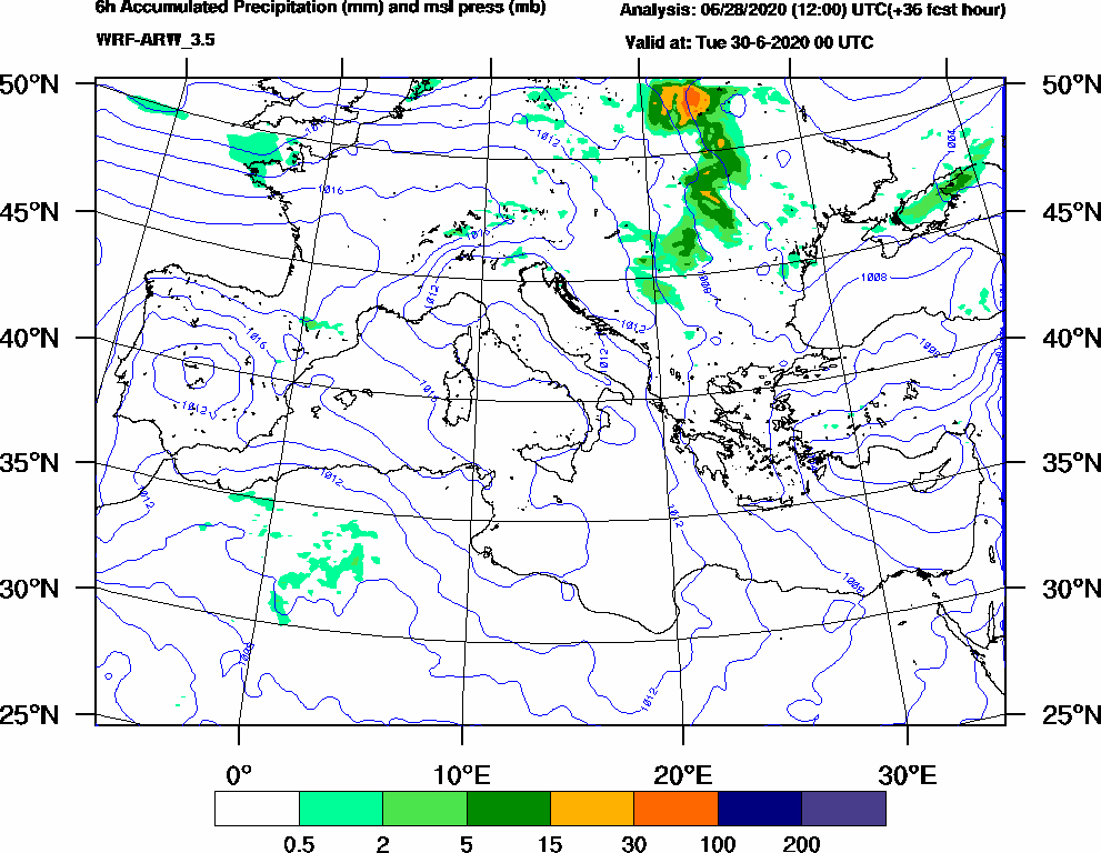 6h Accumulated Precipitation (mm) and msl press (mb) - 2020-06-29 18:00