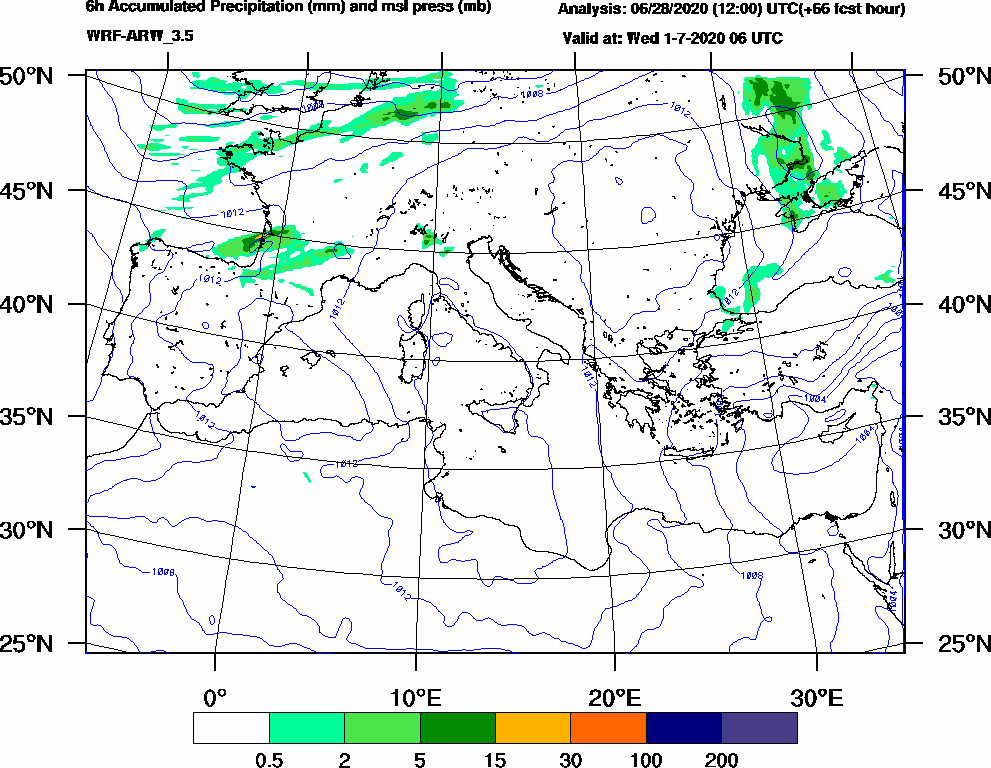 6h Accumulated Precipitation (mm) and msl press (mb) - 2020-07-01 00:00