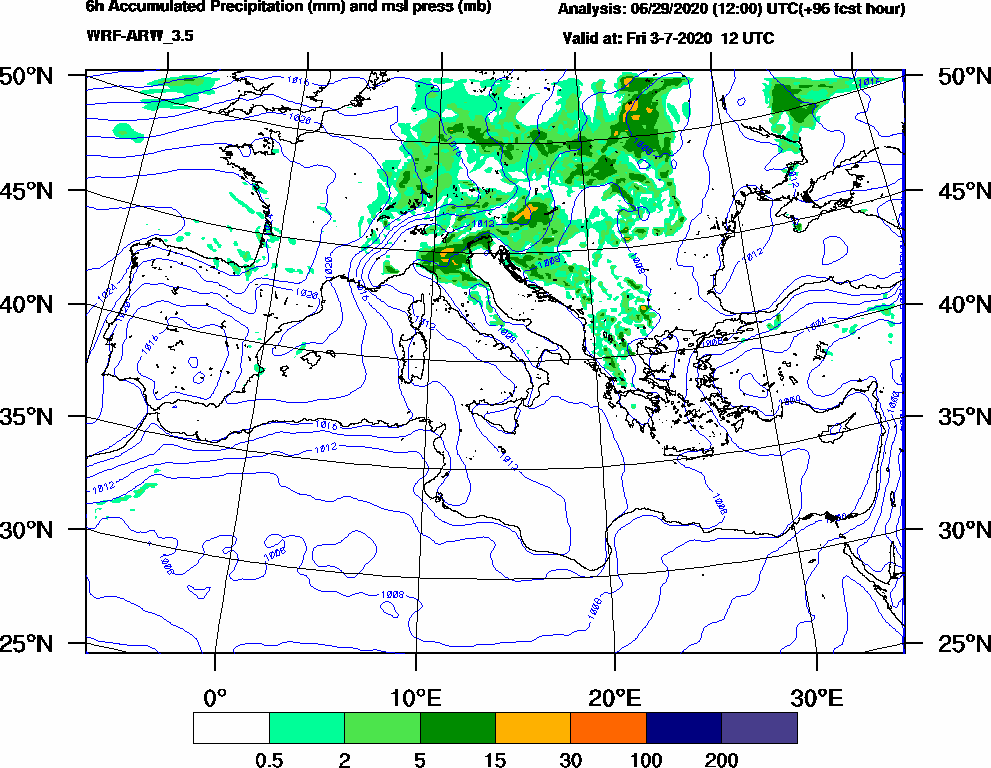 6h Accumulated Precipitation (mm) and msl press (mb) - 2020-07-03 06:00