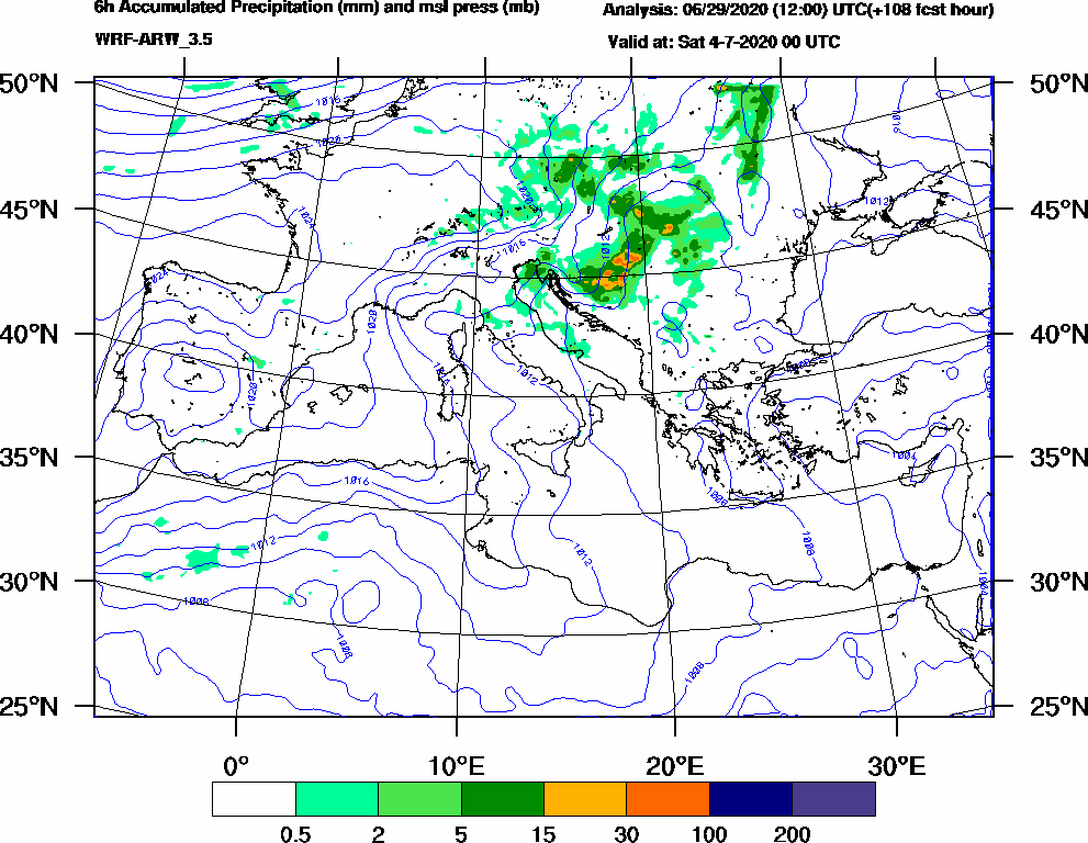 6h Accumulated Precipitation (mm) and msl press (mb) - 2020-07-03 18:00