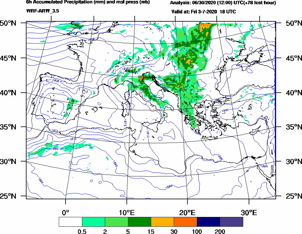 6h Accumulated Precipitation (mm) and msl press (mb) - 2020-07-03 12:00
