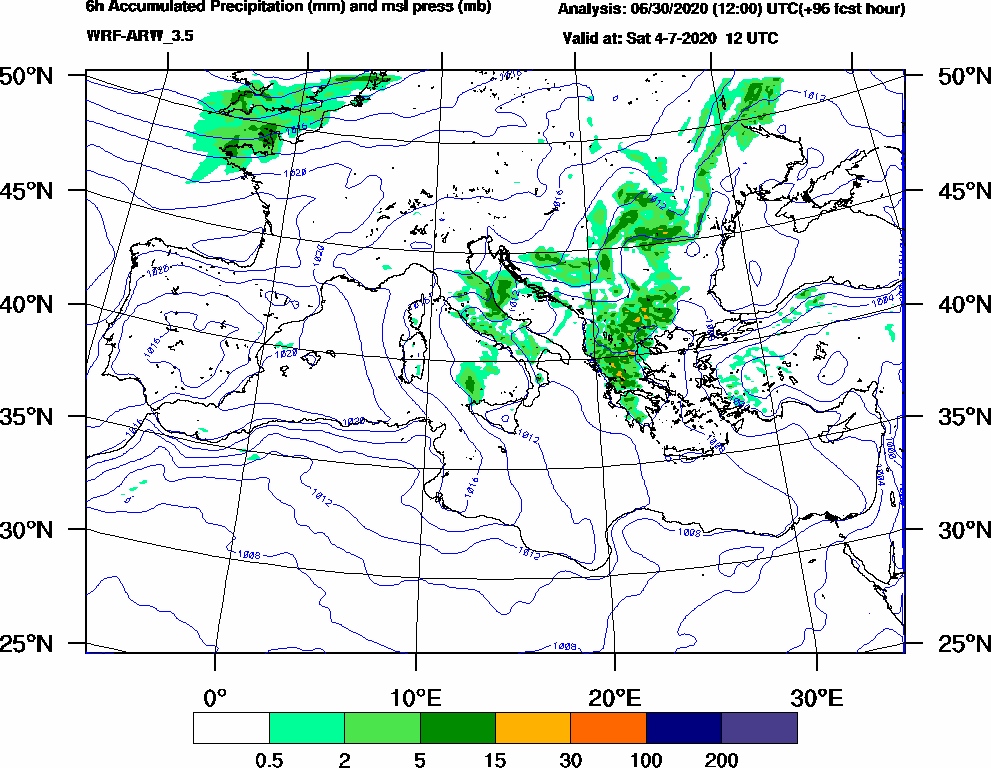 6h Accumulated Precipitation (mm) and msl press (mb) - 2020-07-04 06:00