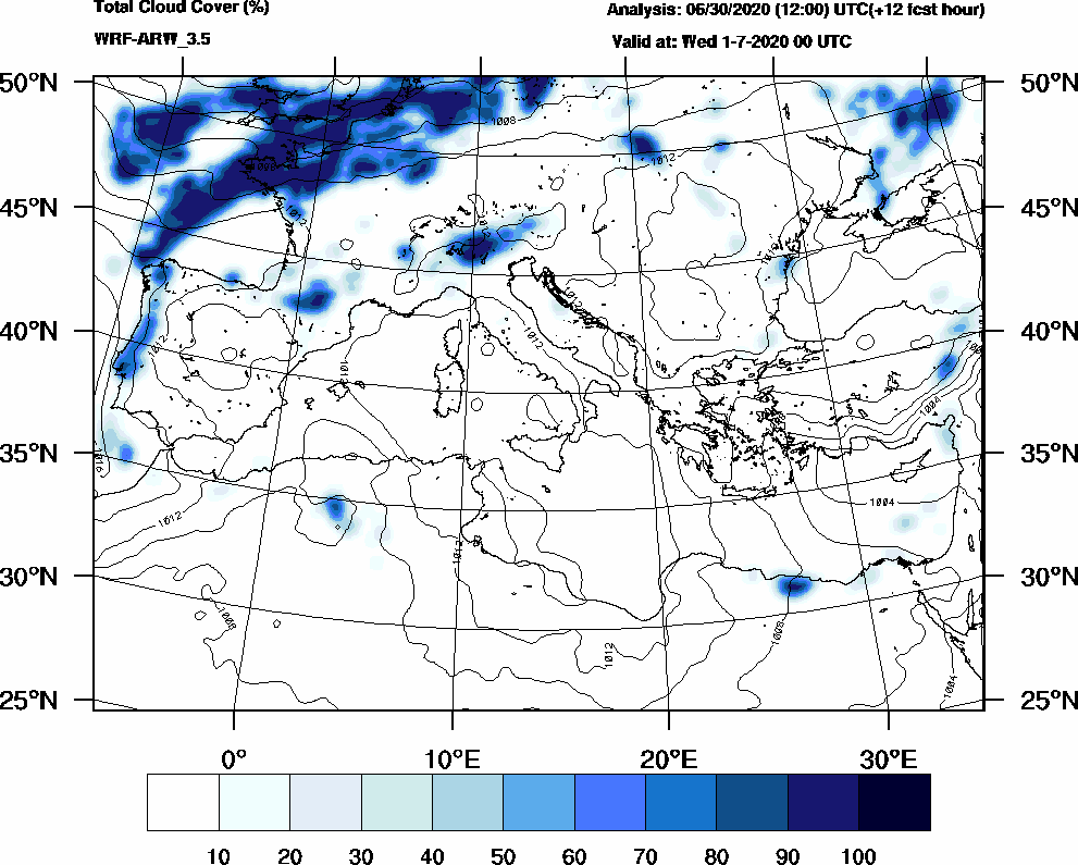 Total cloud cover (%) - 2020-06-30 18:00
