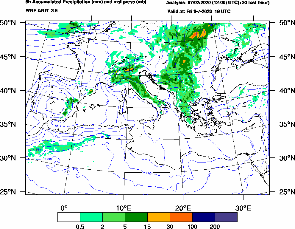 6h Accumulated Precipitation (mm) and msl press (mb) - 2020-07-03 12:00