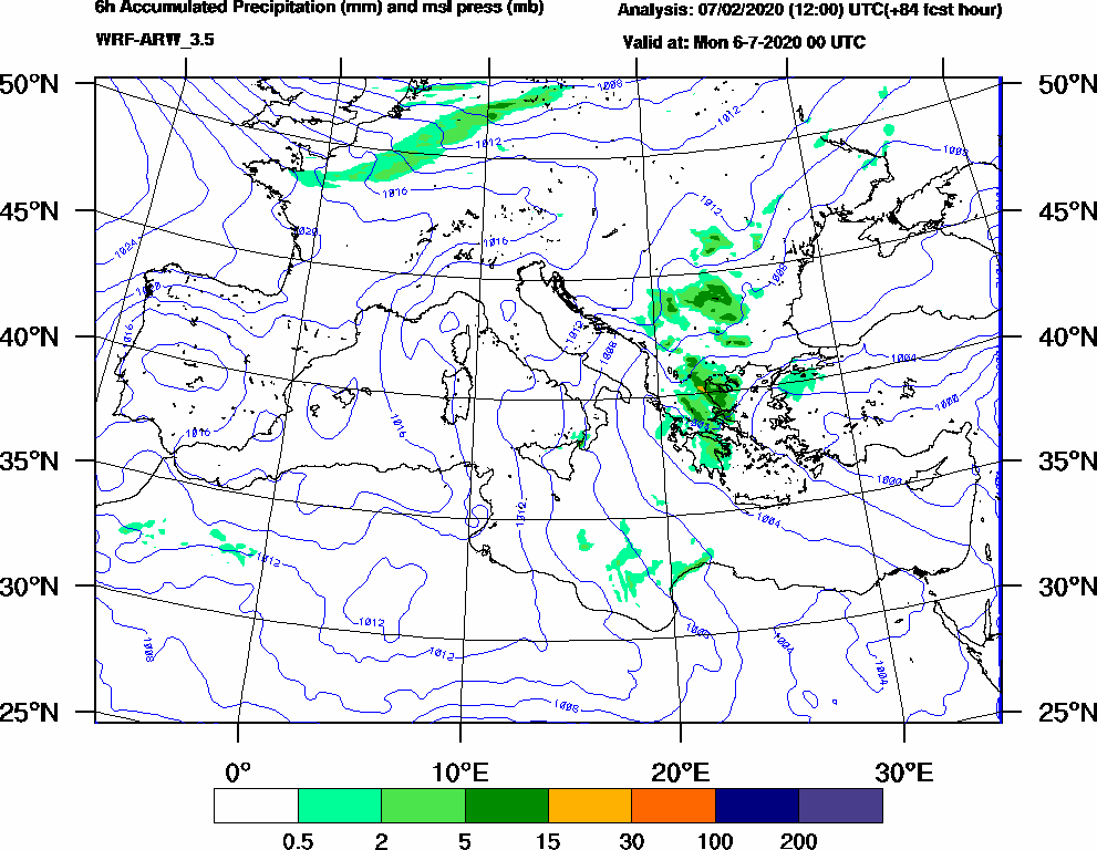 6h Accumulated Precipitation (mm) and msl press (mb) - 2020-07-05 18:00