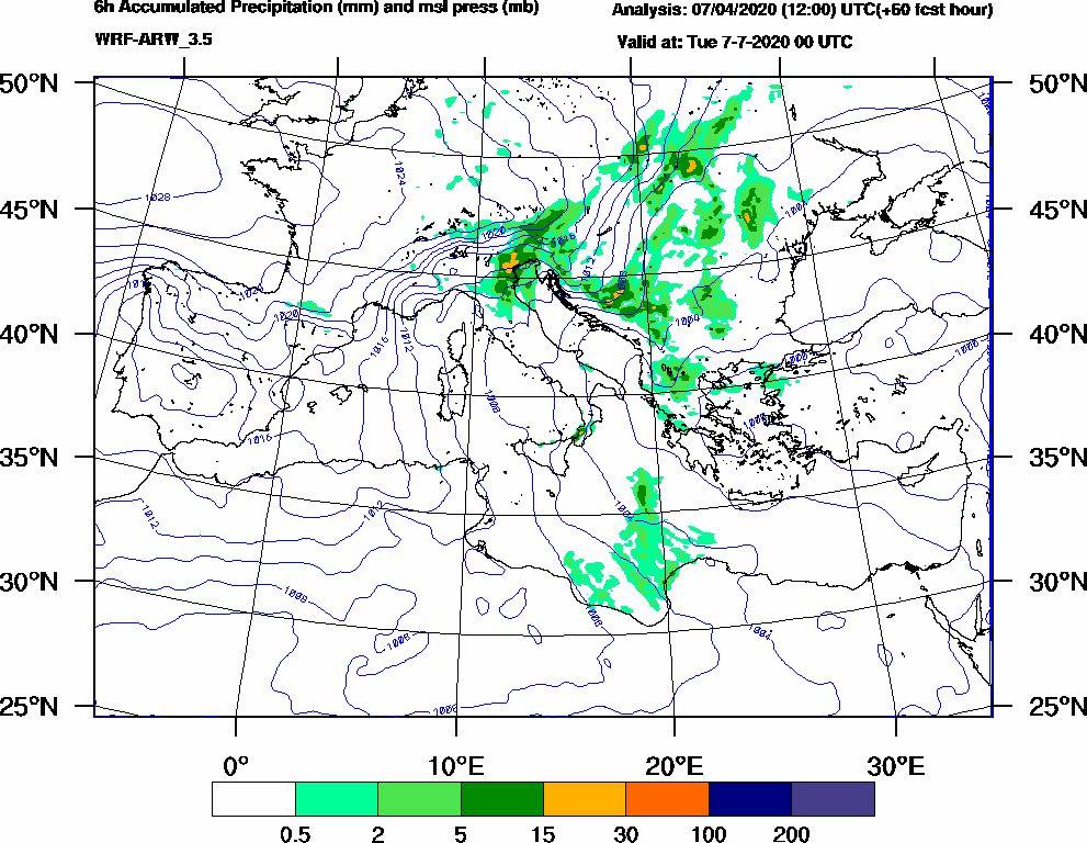 6h Accumulated Precipitation (mm) and msl press (mb) - 2020-07-06 18:00