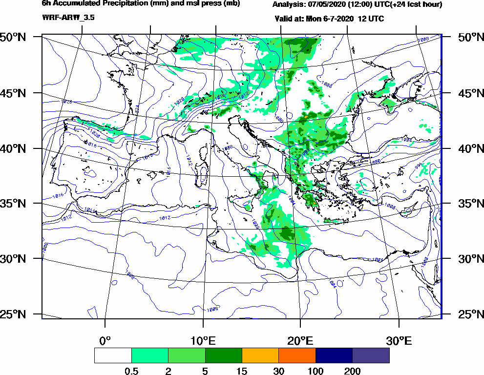 6h Accumulated Precipitation (mm) and msl press (mb) - 2020-07-06 06:00