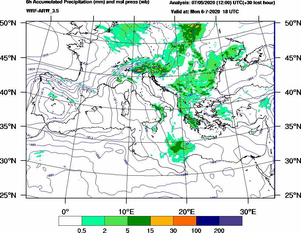 6h Accumulated Precipitation (mm) and msl press (mb) - 2020-07-06 12:00