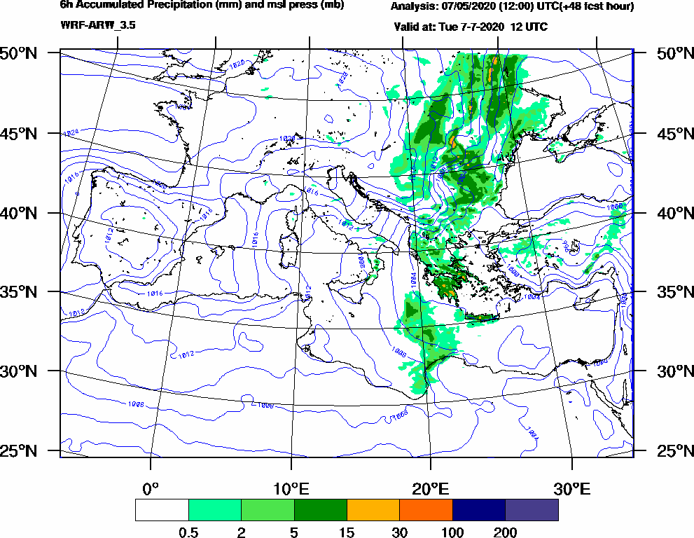 6h Accumulated Precipitation (mm) and msl press (mb) - 2020-07-07 06:00