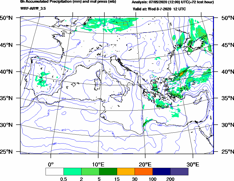 6h Accumulated Precipitation (mm) and msl press (mb) - 2020-07-08 06:00