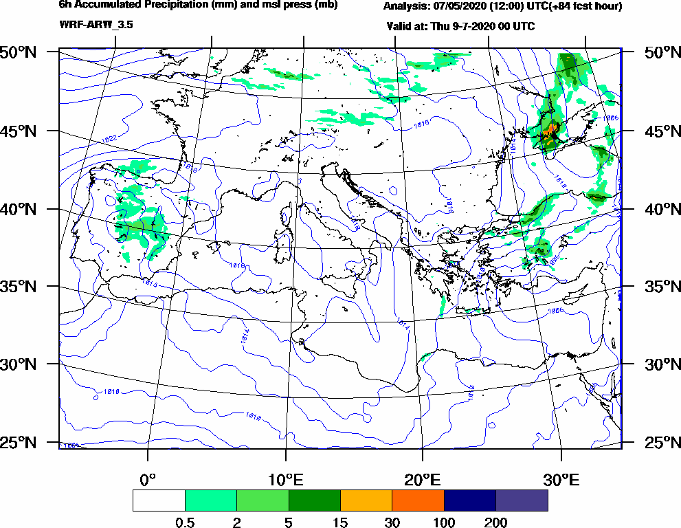 6h Accumulated Precipitation (mm) and msl press (mb) - 2020-07-08 18:00