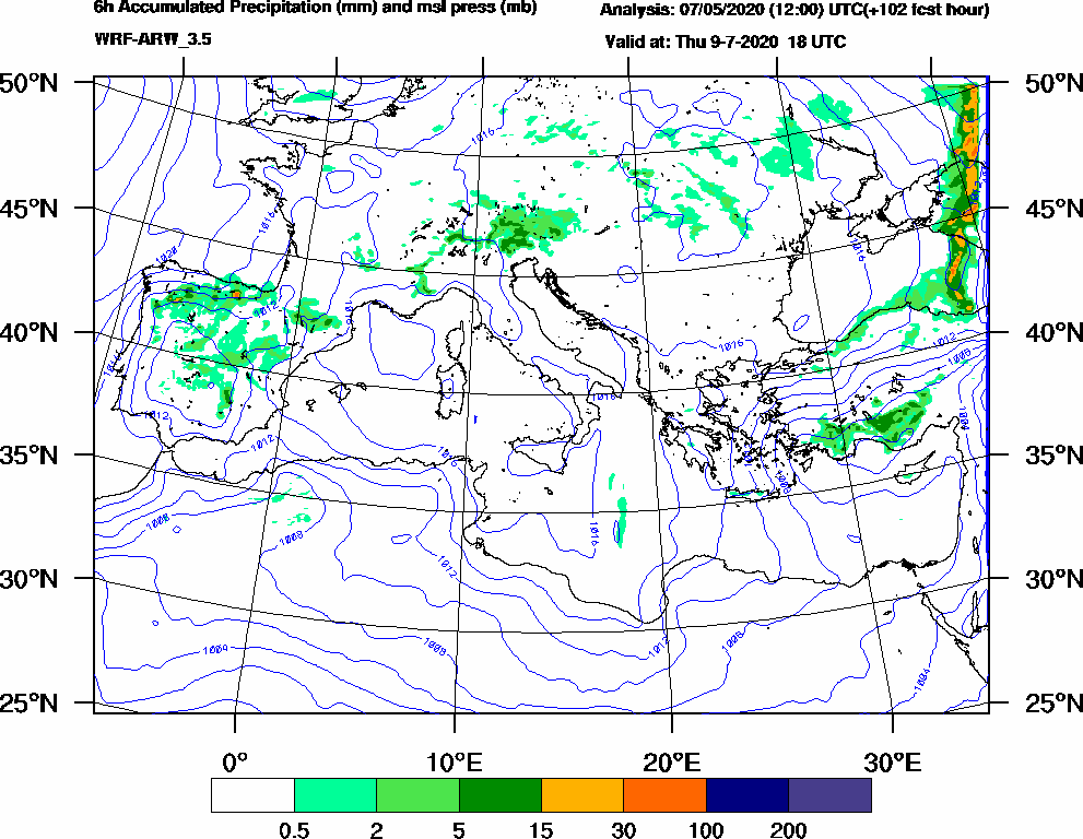 6h Accumulated Precipitation (mm) and msl press (mb) - 2020-07-09 12:00