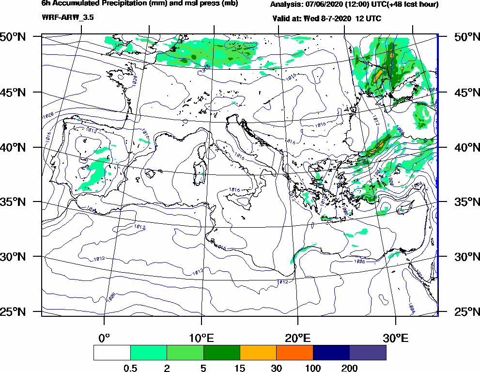 6h Accumulated Precipitation (mm) and msl press (mb) - 2020-07-08 06:00