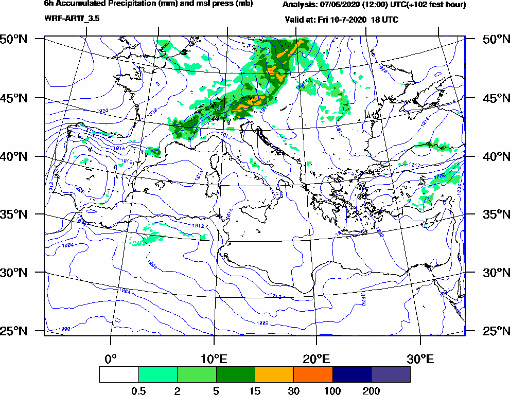 6h Accumulated Precipitation (mm) and msl press (mb) - 2020-07-10 12:00