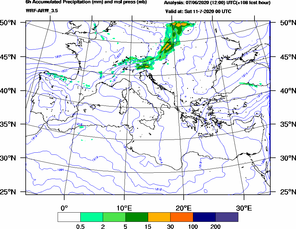 6h Accumulated Precipitation (mm) and msl press (mb) - 2020-07-10 18:00