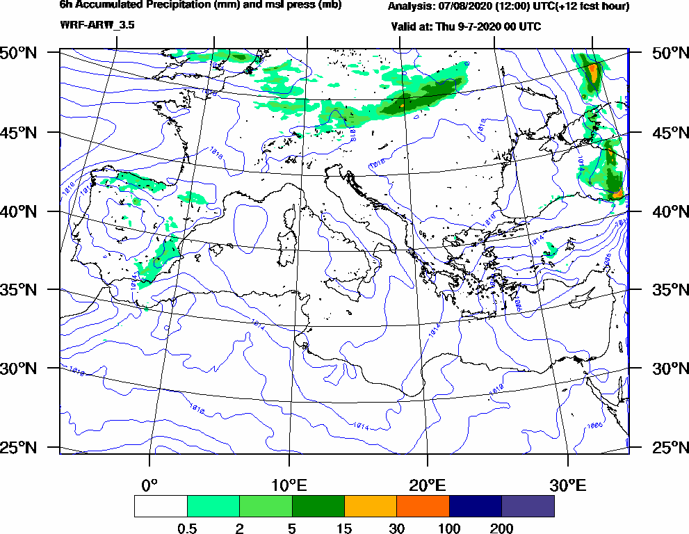 6h Accumulated Precipitation (mm) and msl press (mb) - 2020-07-08 18:00