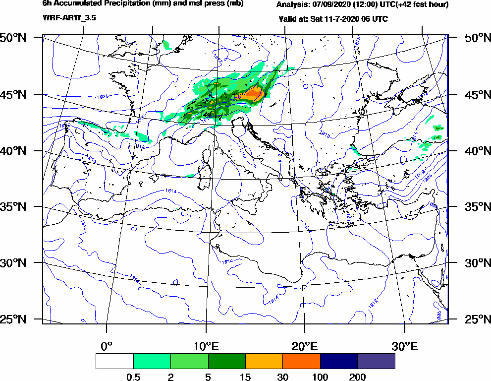 6h Accumulated Precipitation (mm) and msl press (mb) - 2020-07-11 00:00