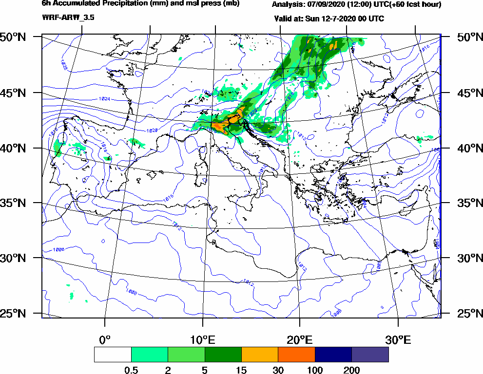 6h Accumulated Precipitation (mm) and msl press (mb) - 2020-07-11 18:00