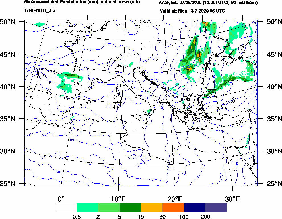 6h Accumulated Precipitation (mm) and msl press (mb) - 2020-07-13 00:00