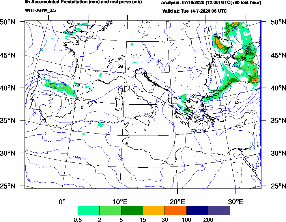 6h Accumulated Precipitation (mm) and msl press (mb) - 2020-07-14 00:00