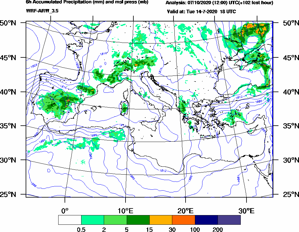 6h Accumulated Precipitation (mm) and msl press (mb) - 2020-07-14 12:00