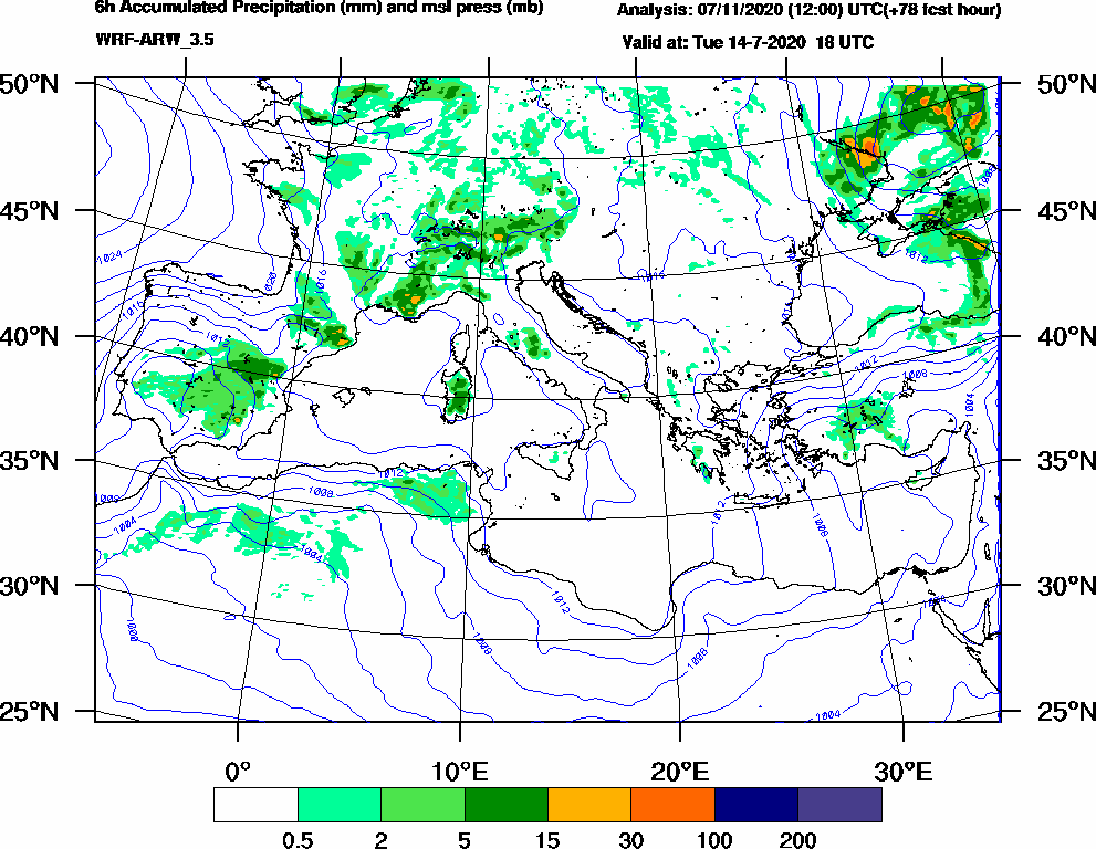 6h Accumulated Precipitation (mm) and msl press (mb) - 2020-07-14 12:00