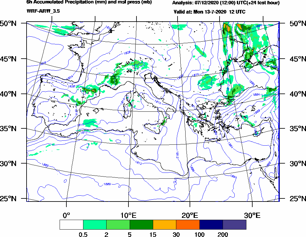 6h Accumulated Precipitation (mm) and msl press (mb) - 2020-07-13 06:00