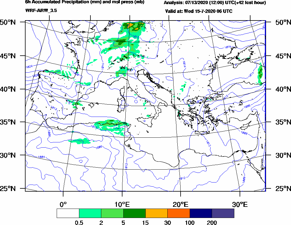 6h Accumulated Precipitation (mm) and msl press (mb) - 2020-07-15 00:00