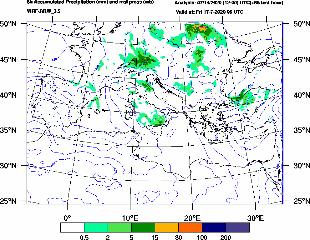 6h Accumulated Precipitation (mm) and msl press (mb) - 2020-07-17 00:00