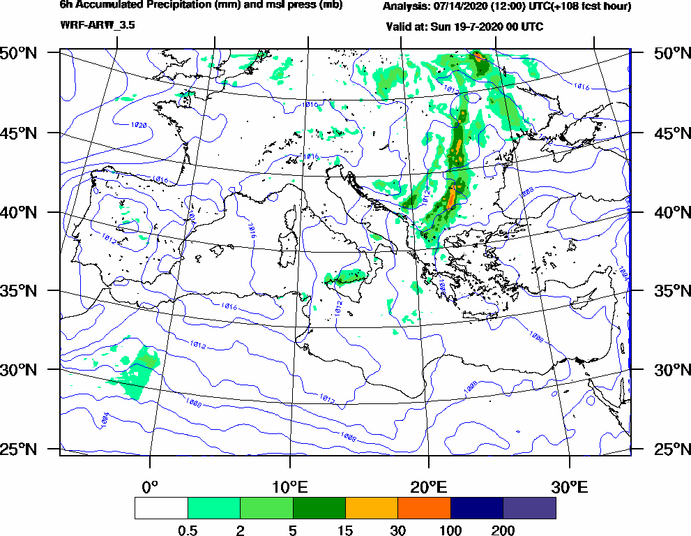 6h Accumulated Precipitation (mm) and msl press (mb) - 2020-07-18 18:00