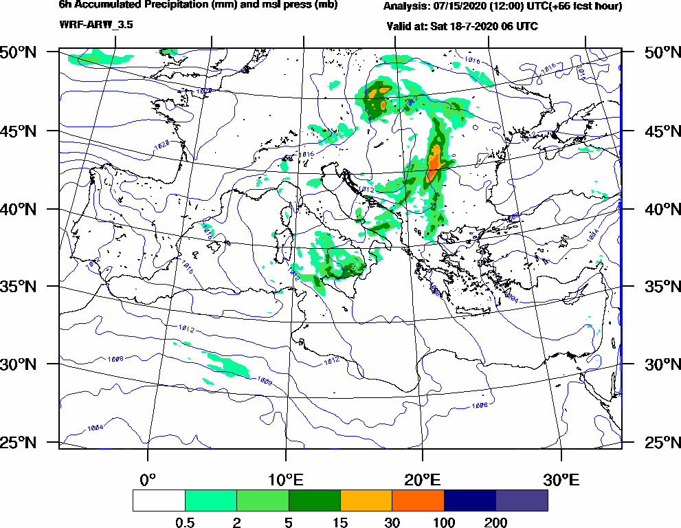 6h Accumulated Precipitation (mm) and msl press (mb) - 2020-07-18 00:00
