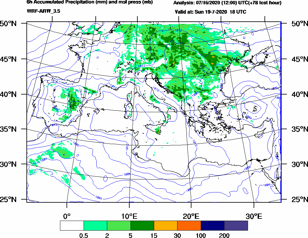 6h Accumulated Precipitation (mm) and msl press (mb) - 2020-07-19 12:00