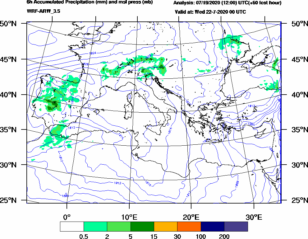 6h Accumulated Precipitation (mm) and msl press (mb) - 2020-07-21 18:00