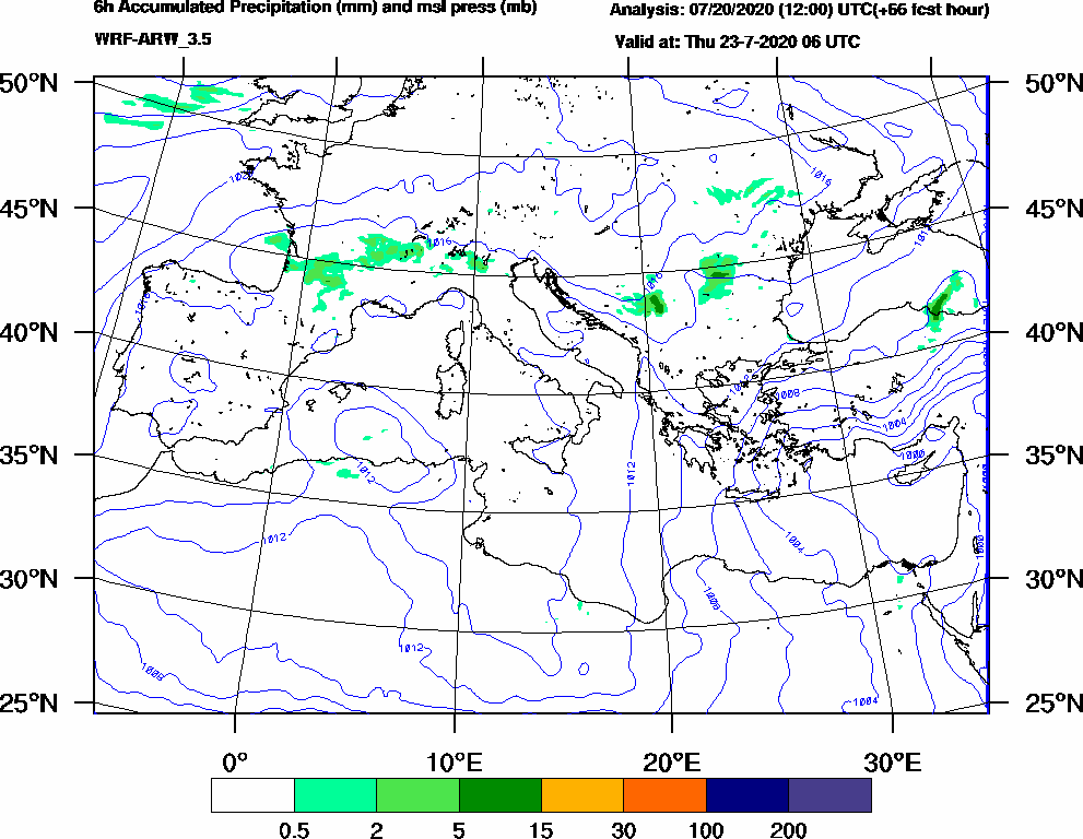 6h Accumulated Precipitation (mm) and msl press (mb) - 2020-07-23 00:00