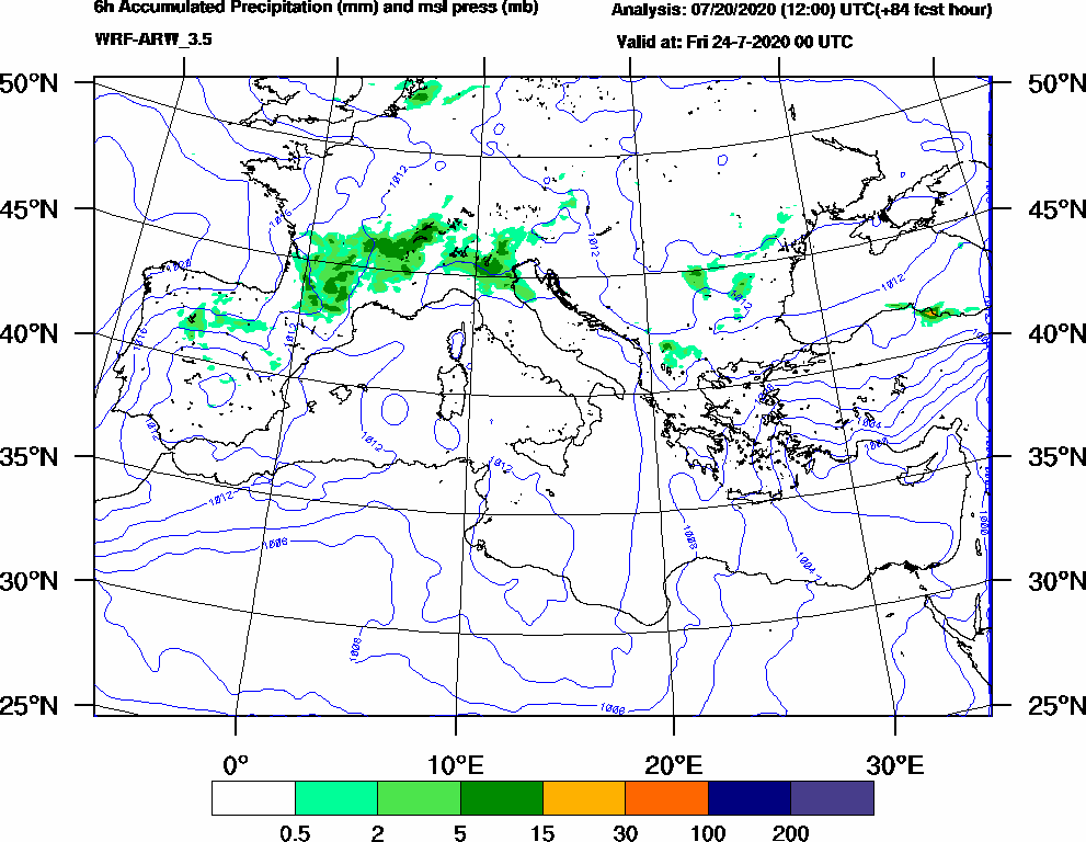6h Accumulated Precipitation (mm) and msl press (mb) - 2020-07-23 18:00