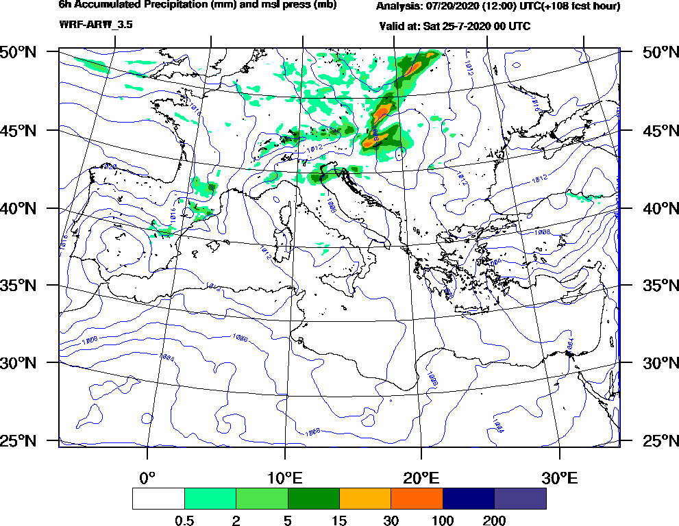 6h Accumulated Precipitation (mm) and msl press (mb) - 2020-07-24 18:00
