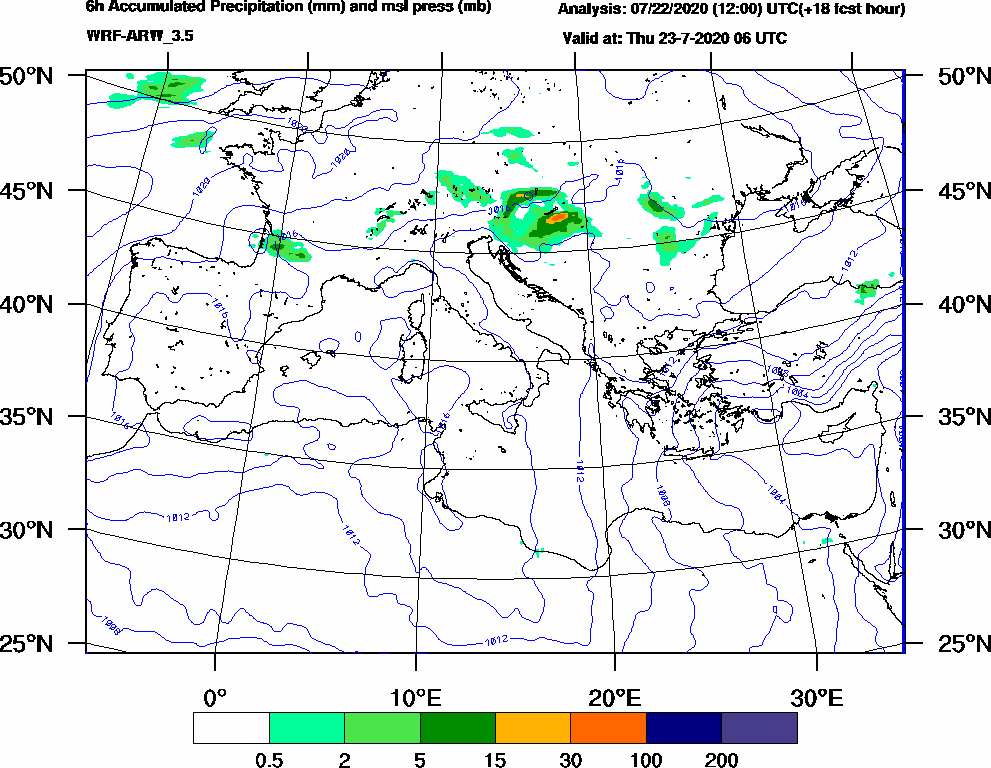 6h Accumulated Precipitation (mm) and msl press (mb) - 2020-07-23 00:00