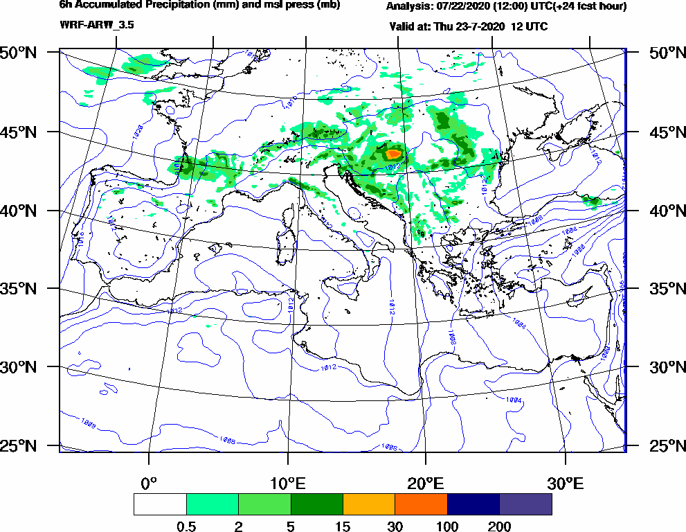 6h Accumulated Precipitation (mm) and msl press (mb) - 2020-07-23 06:00