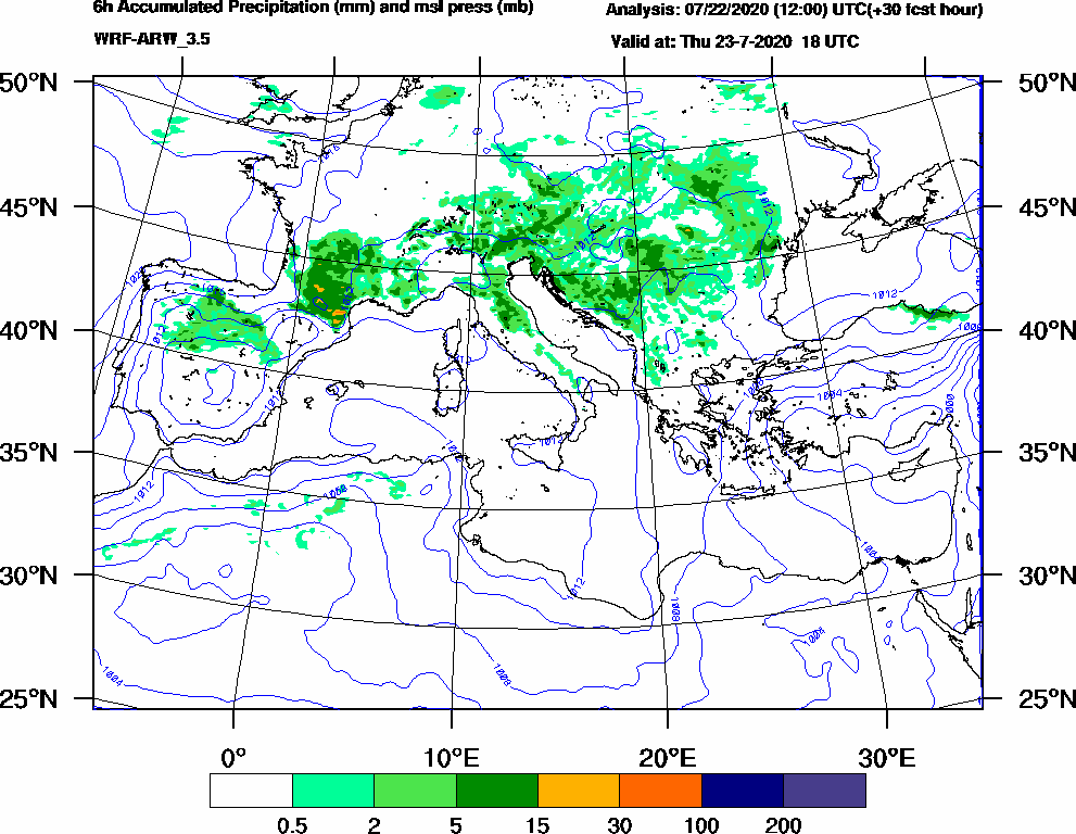 6h Accumulated Precipitation (mm) and msl press (mb) - 2020-07-23 12:00