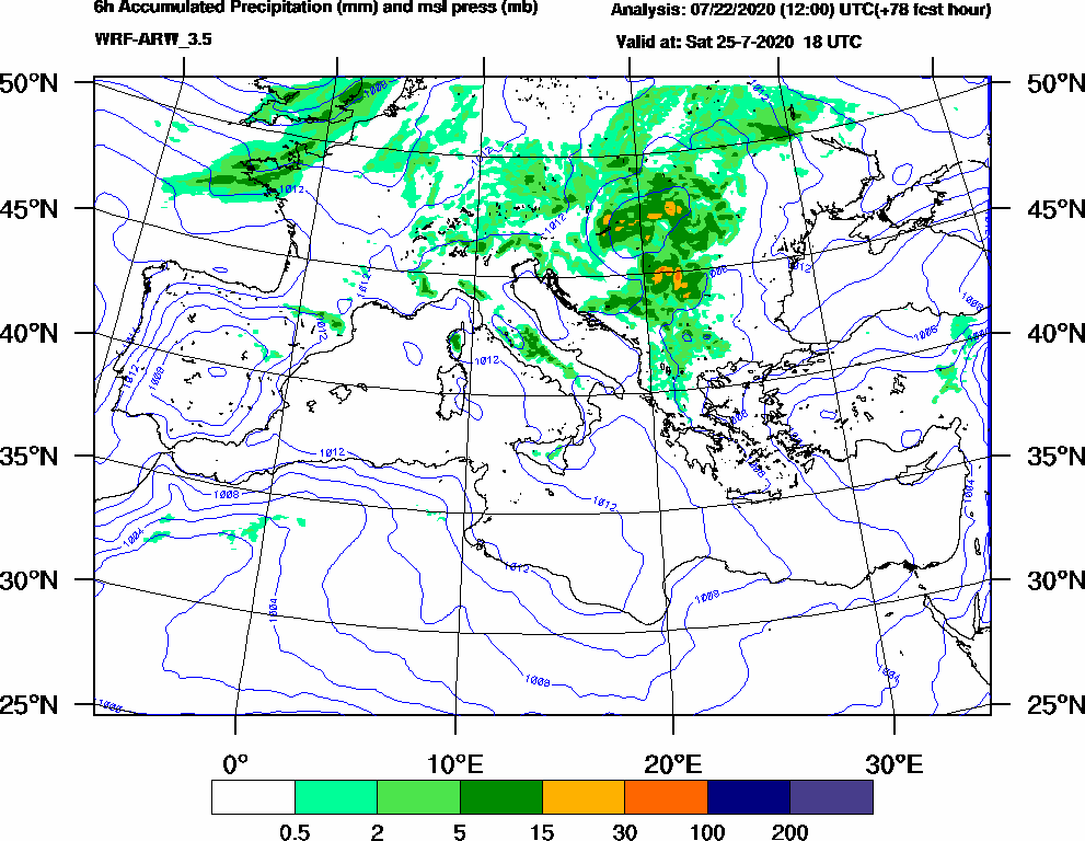 6h Accumulated Precipitation (mm) and msl press (mb) - 2020-07-25 12:00