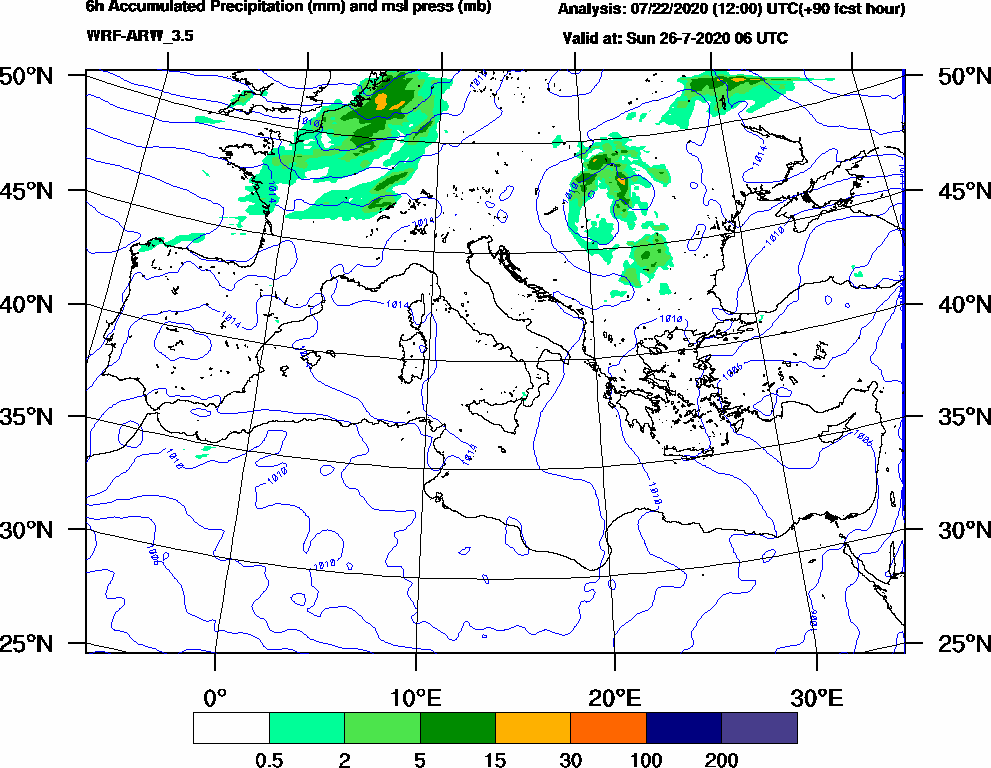 6h Accumulated Precipitation (mm) and msl press (mb) - 2020-07-26 00:00