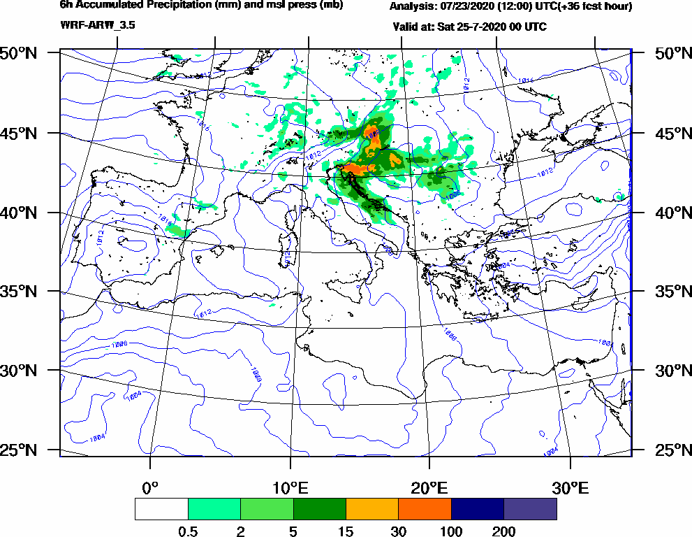 6h Accumulated Precipitation (mm) and msl press (mb) - 2020-07-24 18:00